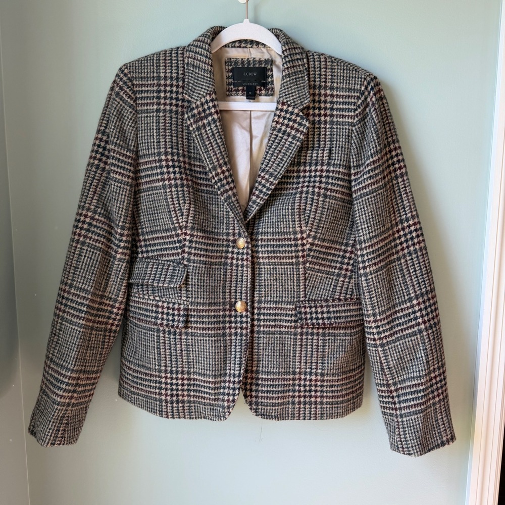 J. Crew Tweed School Boy Blazer Brown Herringbone Plaid Wool Dark Academia 12